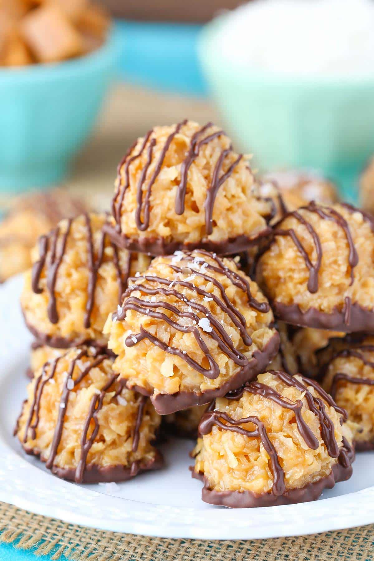 Close up of a pile of no bake salted caramel macaroons.
