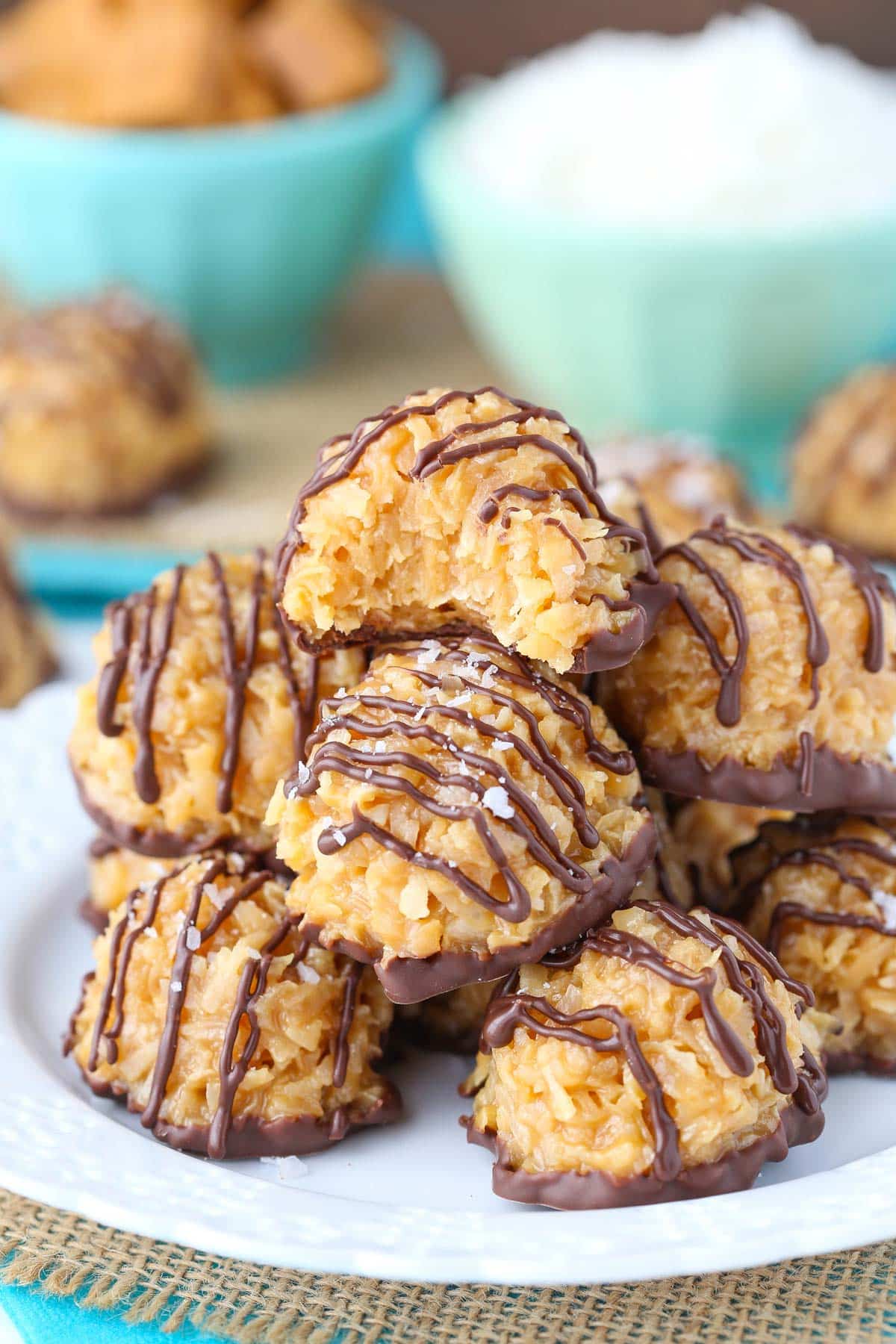 A plate piled with no bake salted caramel macaroons.