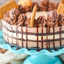 Close up of a layered Nutella Biscoff icebox cake on a teal cake stand.