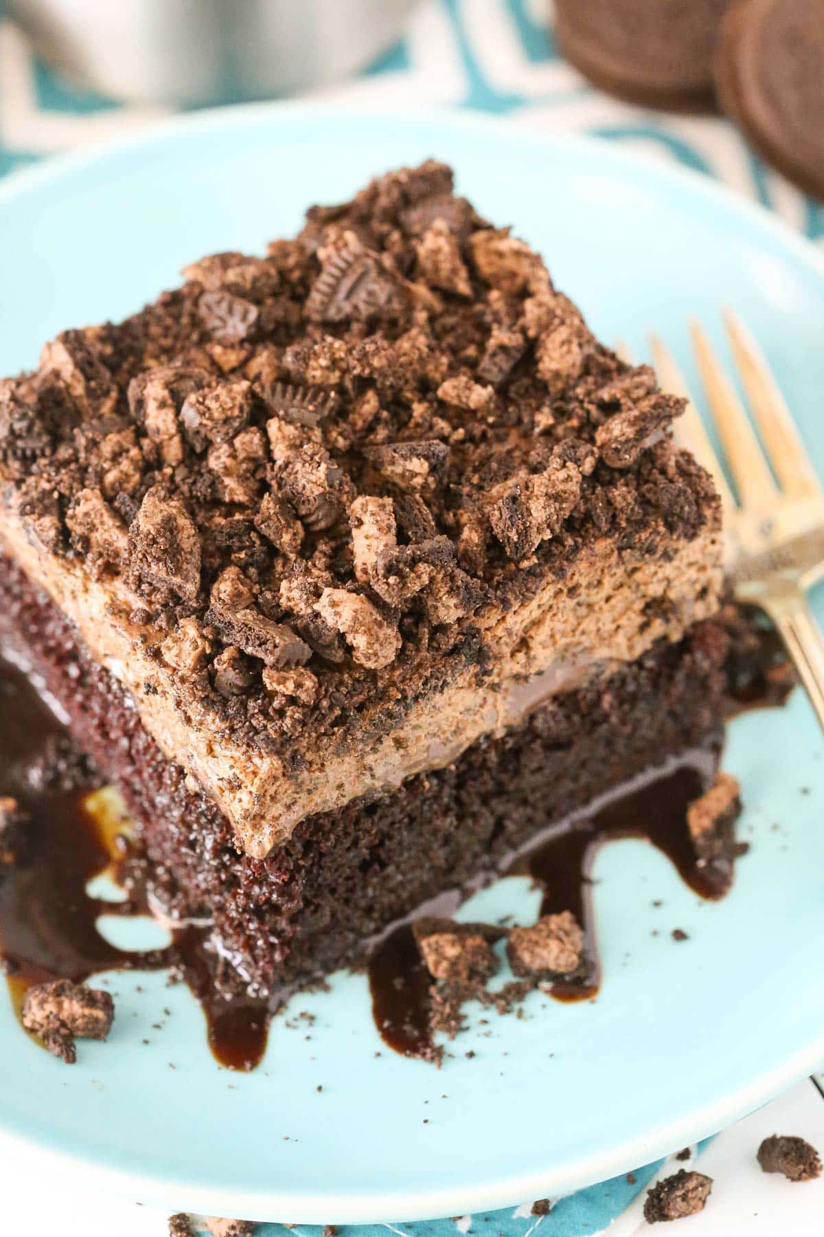 Top view of a slice of Oreo Chocolate Poke Cake.