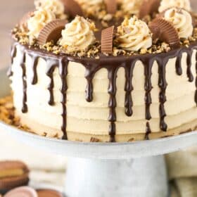 Close up of a peanut butter chocolate layer cake on a silver cake stand.