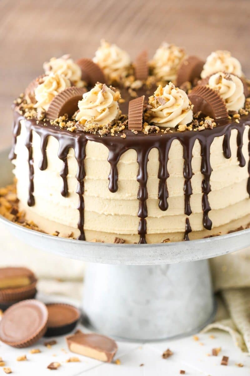 Close up of a peanut butter chocolate layer cake on a silver cake stand.