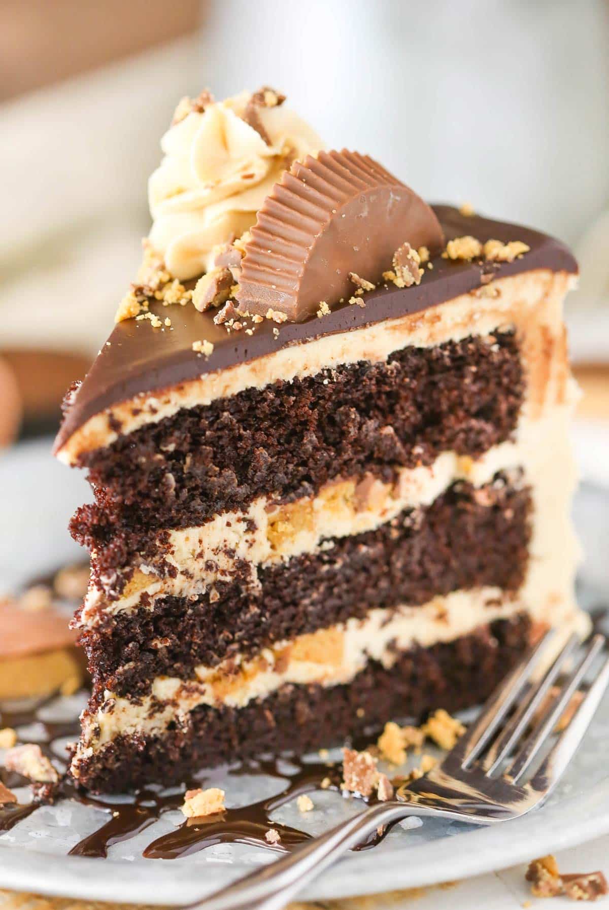 This peanut butter chocolate cake is made with layers of moist chocolate cake, peanut butter frosting and chopped Reese’s peanut butter cups. Close up of a slice of peanut butter chocolate layer cake on a silver plate.