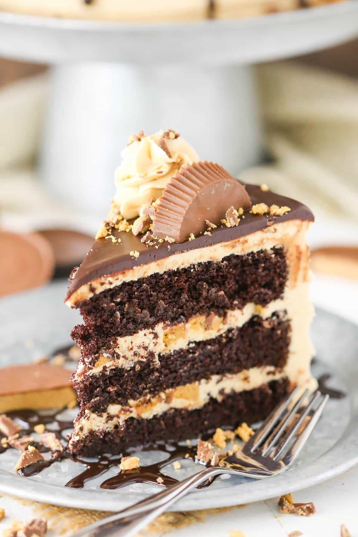 A slice of peanut butter chocolate layer cake on a silver plate.