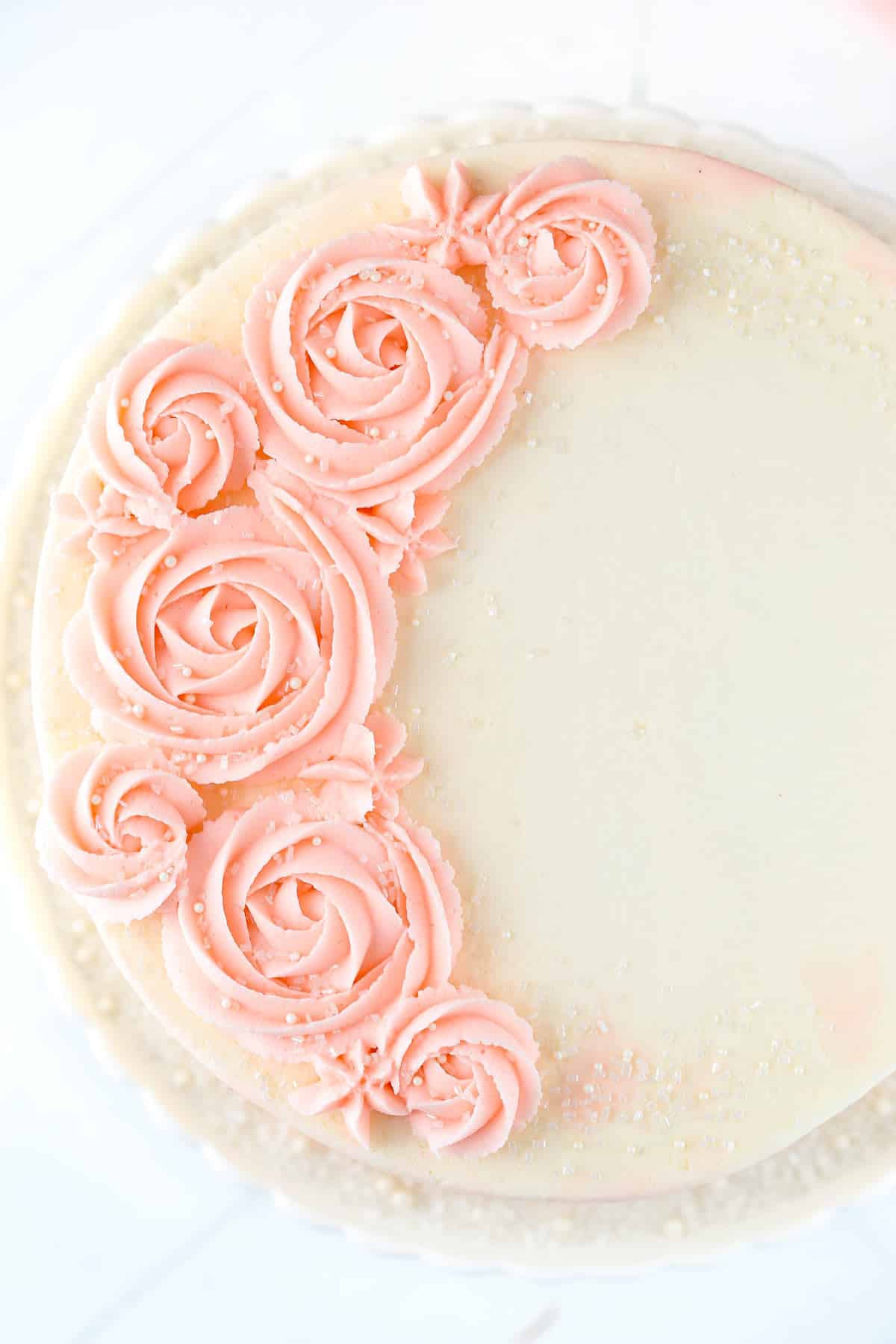 Top view of a rose water vanilla layer cake.