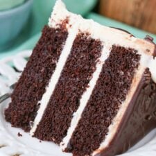 Close up of a slice of Baileys chocolate cake on a white plate.