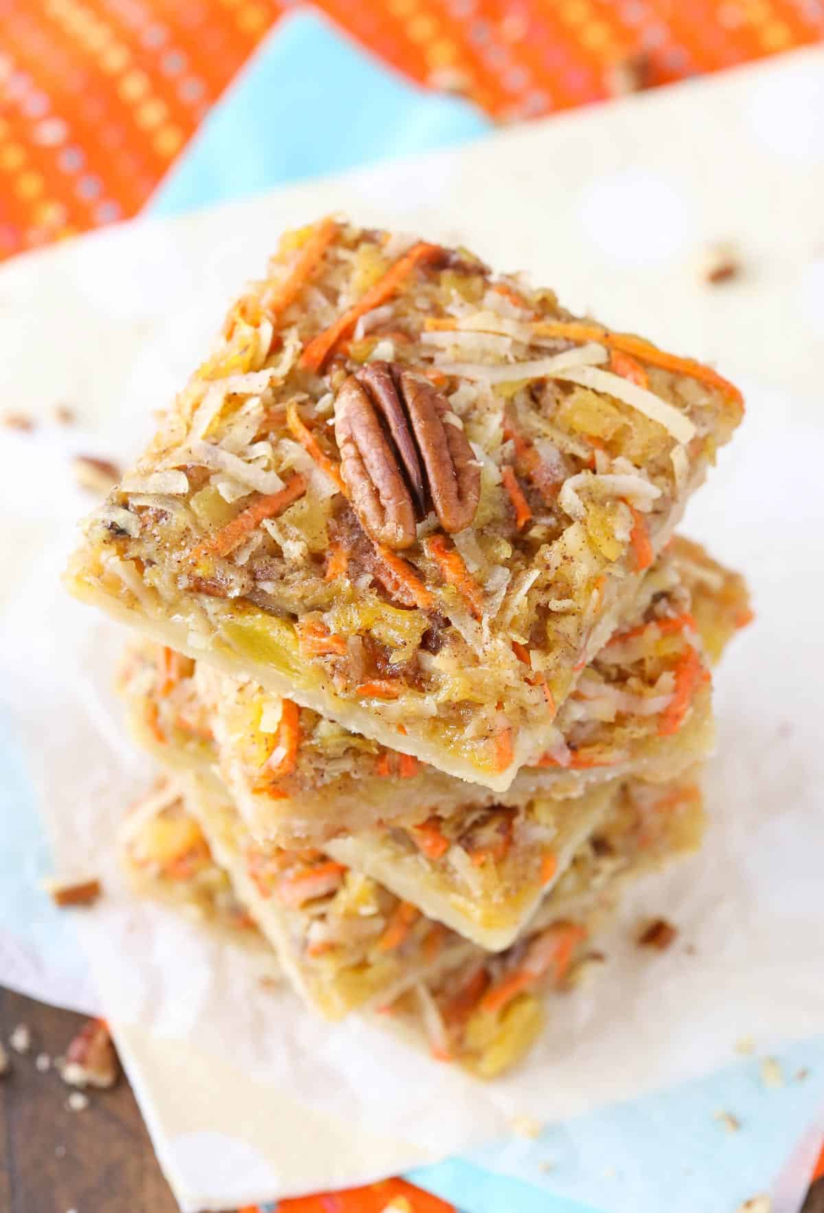 Top view of a stack of carrot cake shortbread bars.