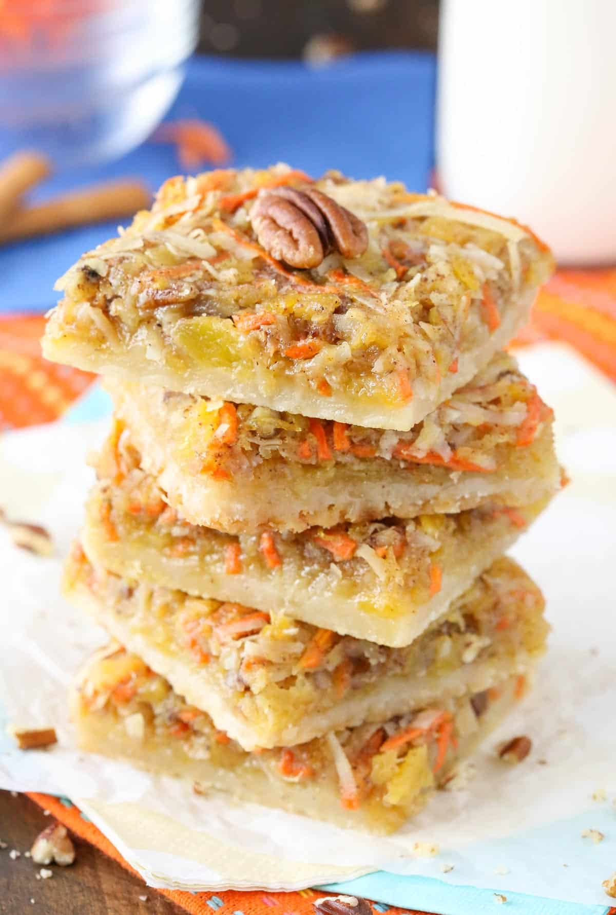 A stack of 5 carrot cake shortbread bars.