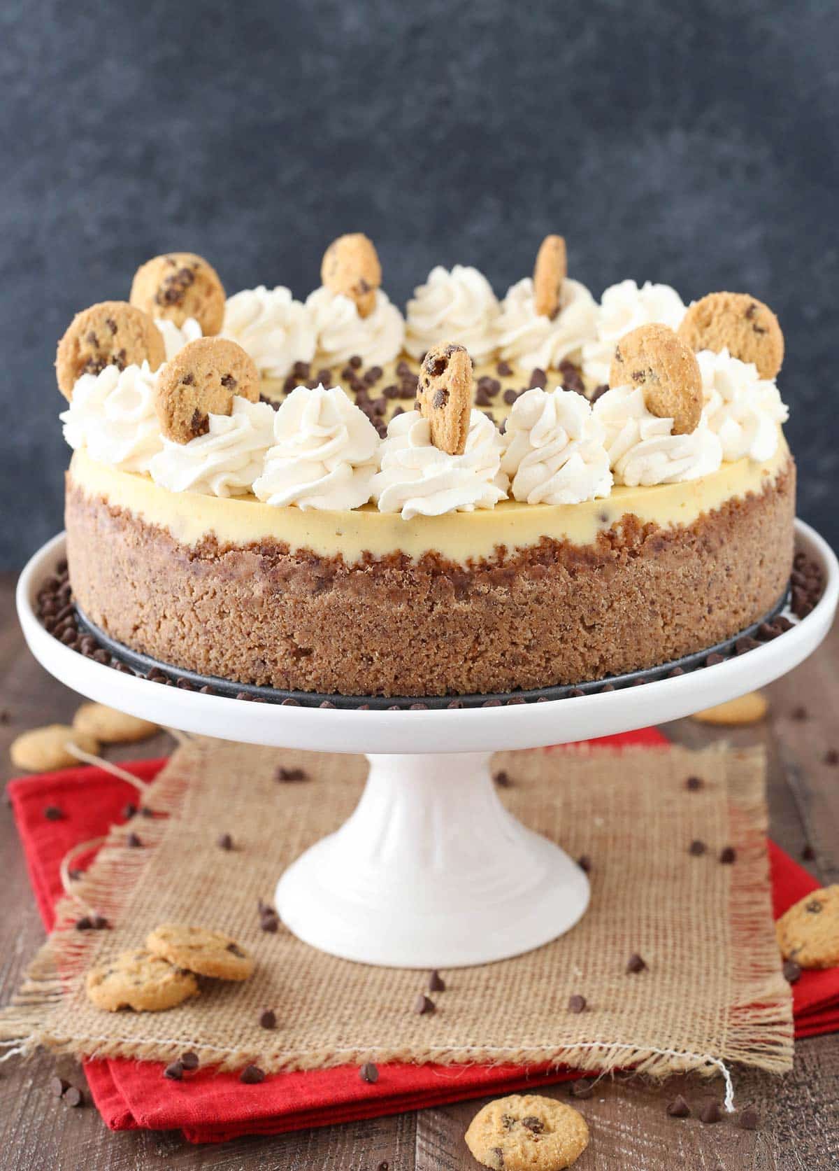 A chocolate chip shortbread cheesecake on a white cake stand.