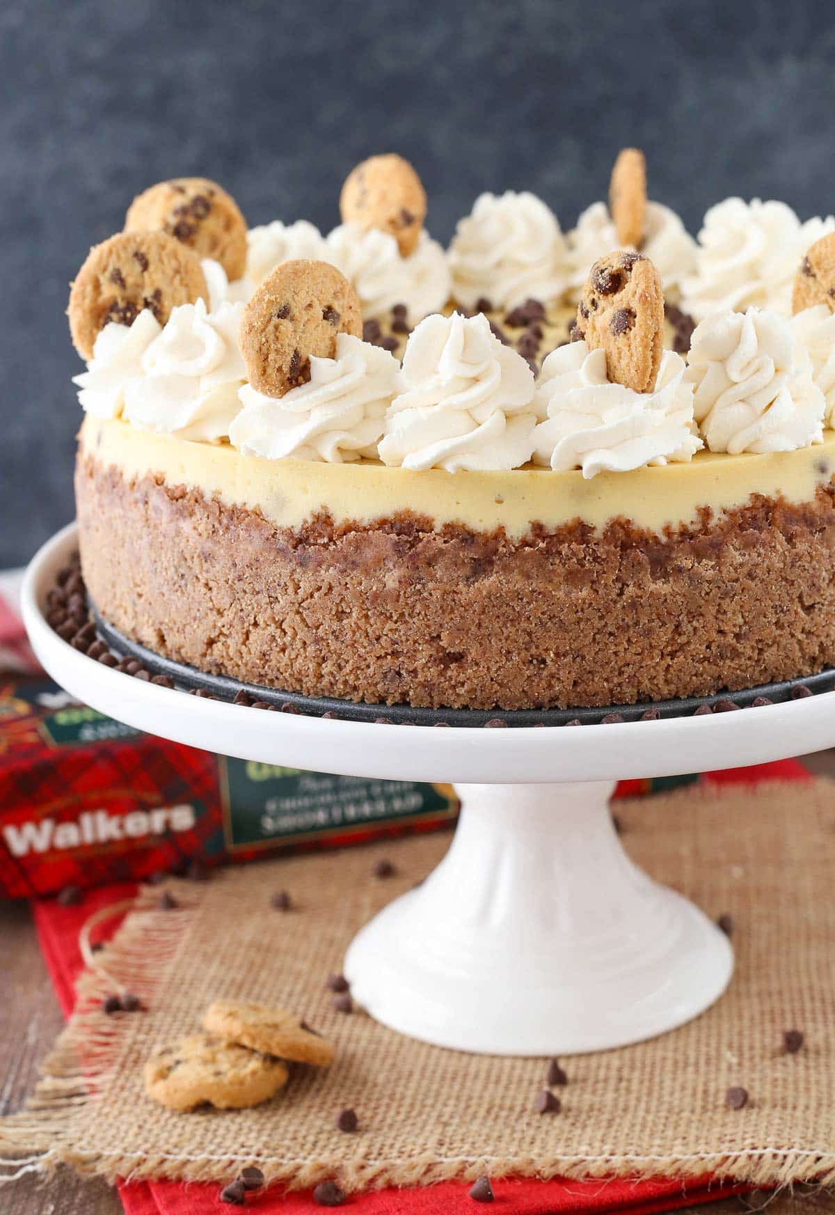 Close up of a chocolate chip shortbread cheesecake on a white cake stand.