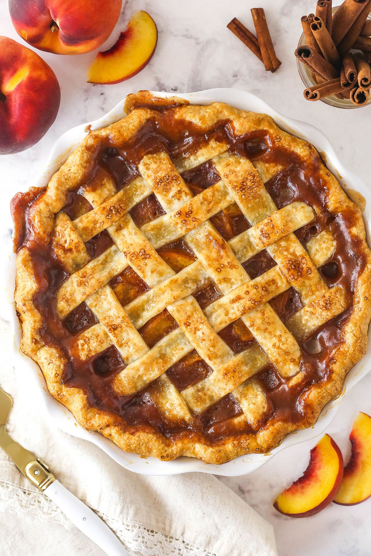 Overhead image of peach pie.