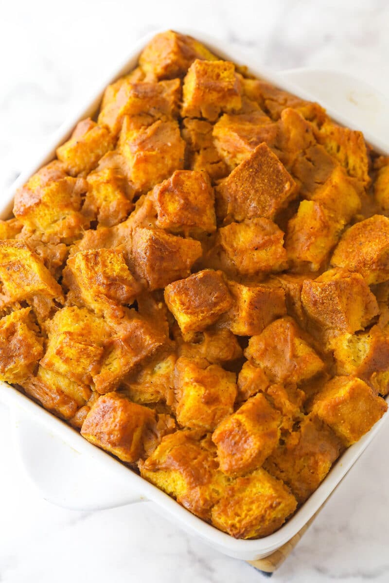 Overhead image of pumpkin bread pudding in a casserole dish.