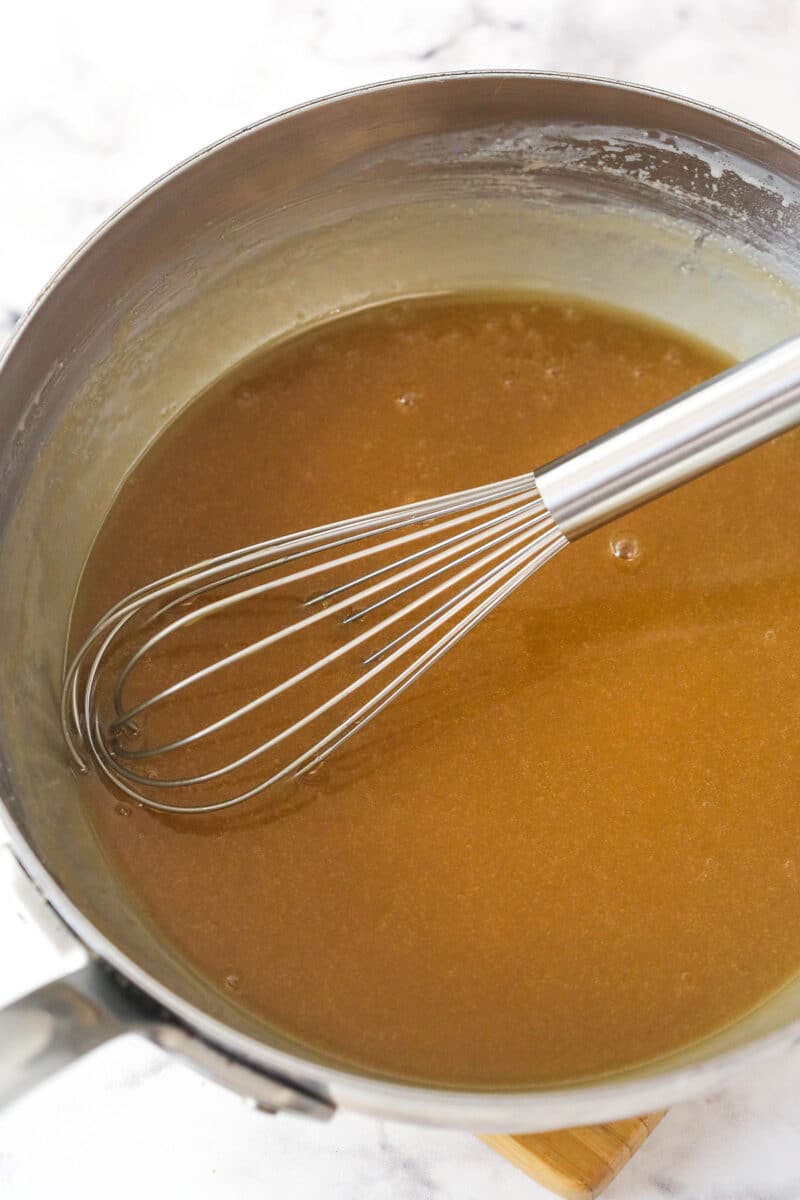 Brown sugar sauce in a skillet.