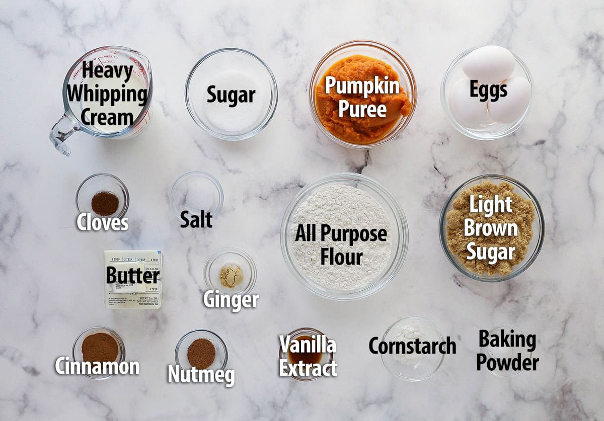 Labled ingredients for pumpkin pie blondie bars.