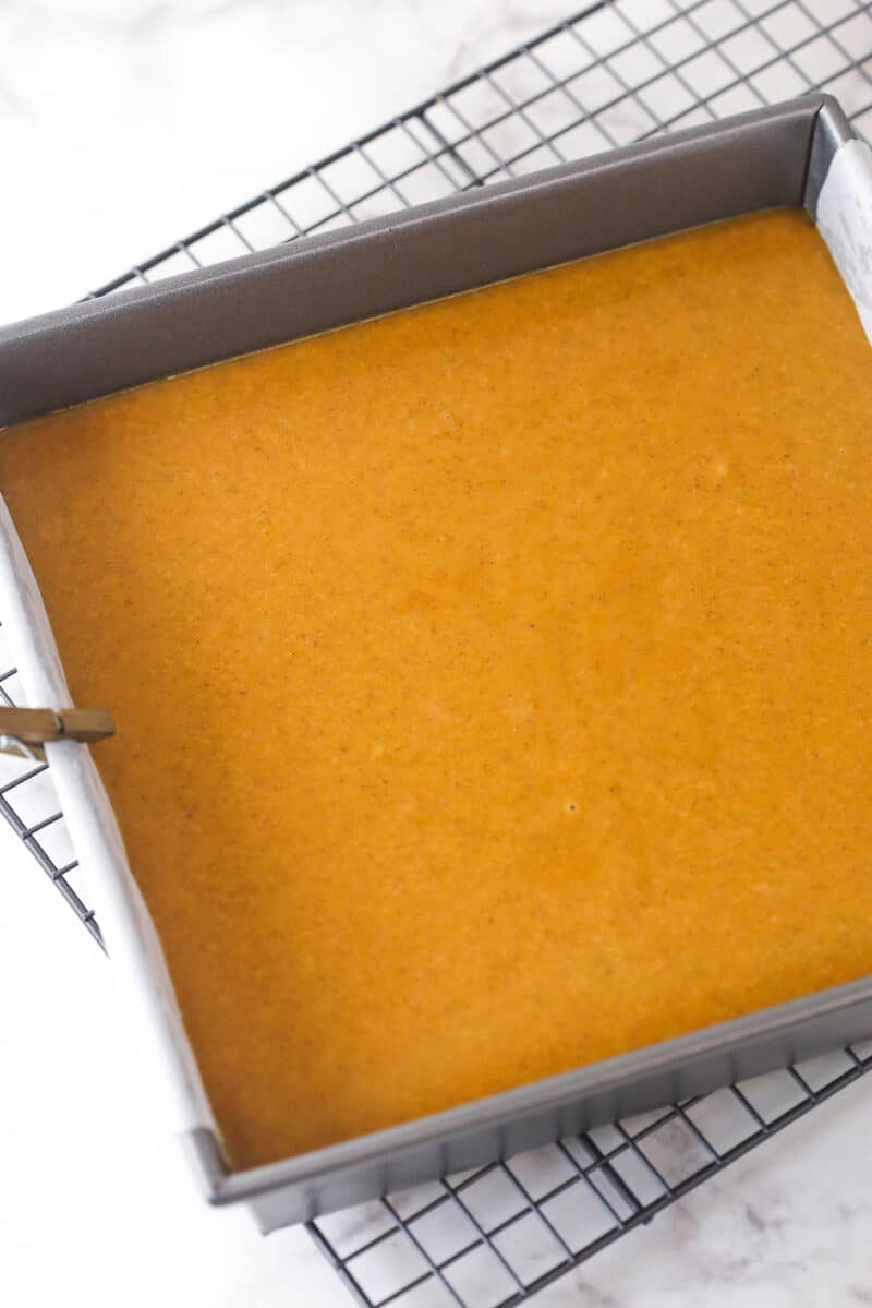 Pumpkin pie filling spread over a blondie base.