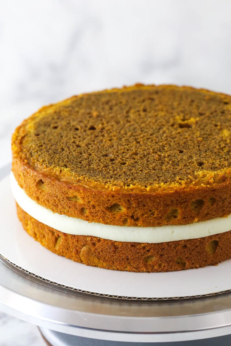 Two layers of pumpkin cake filled with mascarpone filling.