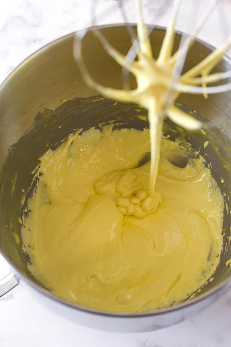 Cooked and thickened egg yolks and sugar for tiramisu filling.