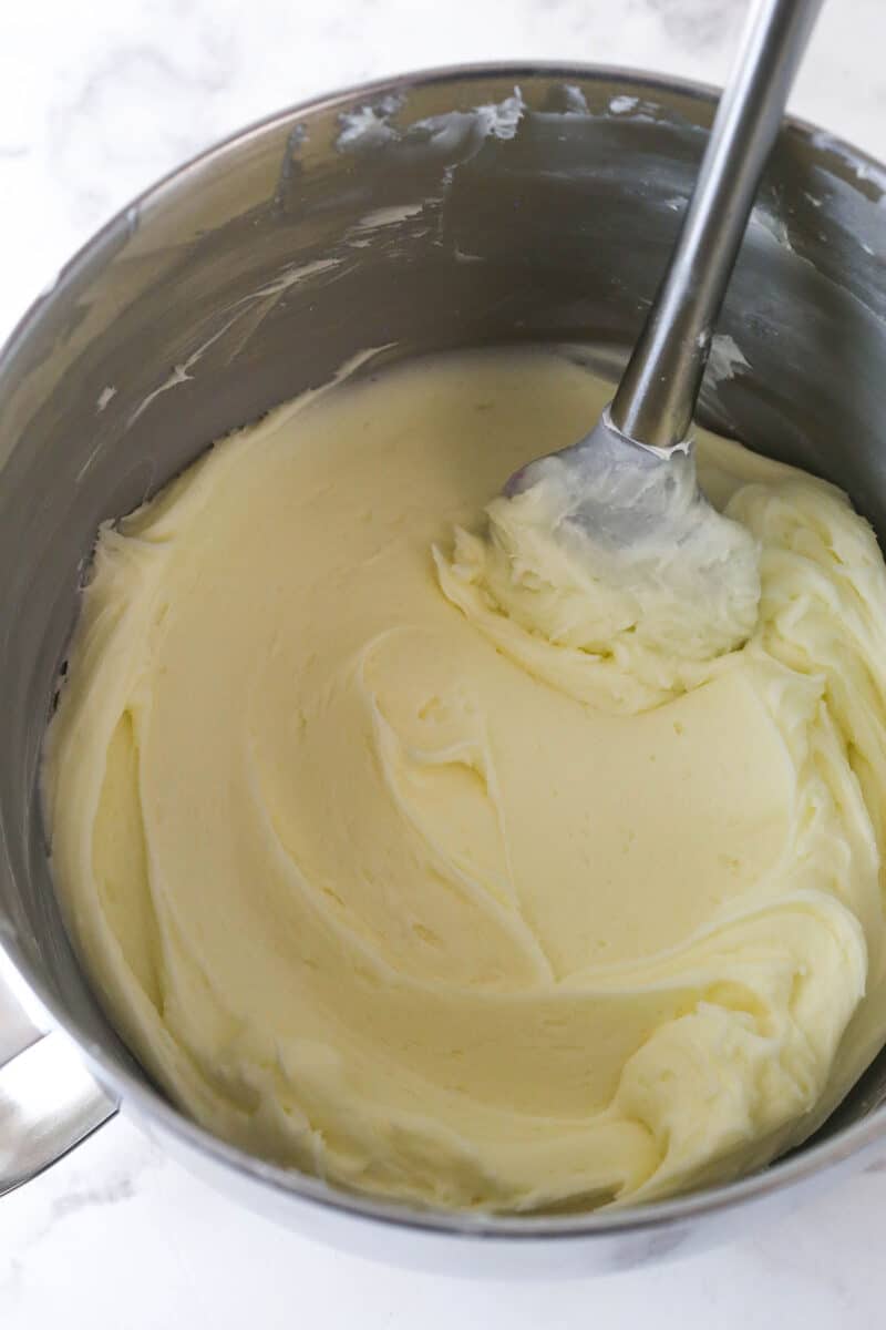 Mascarpone buttercream in a mixing bowl.