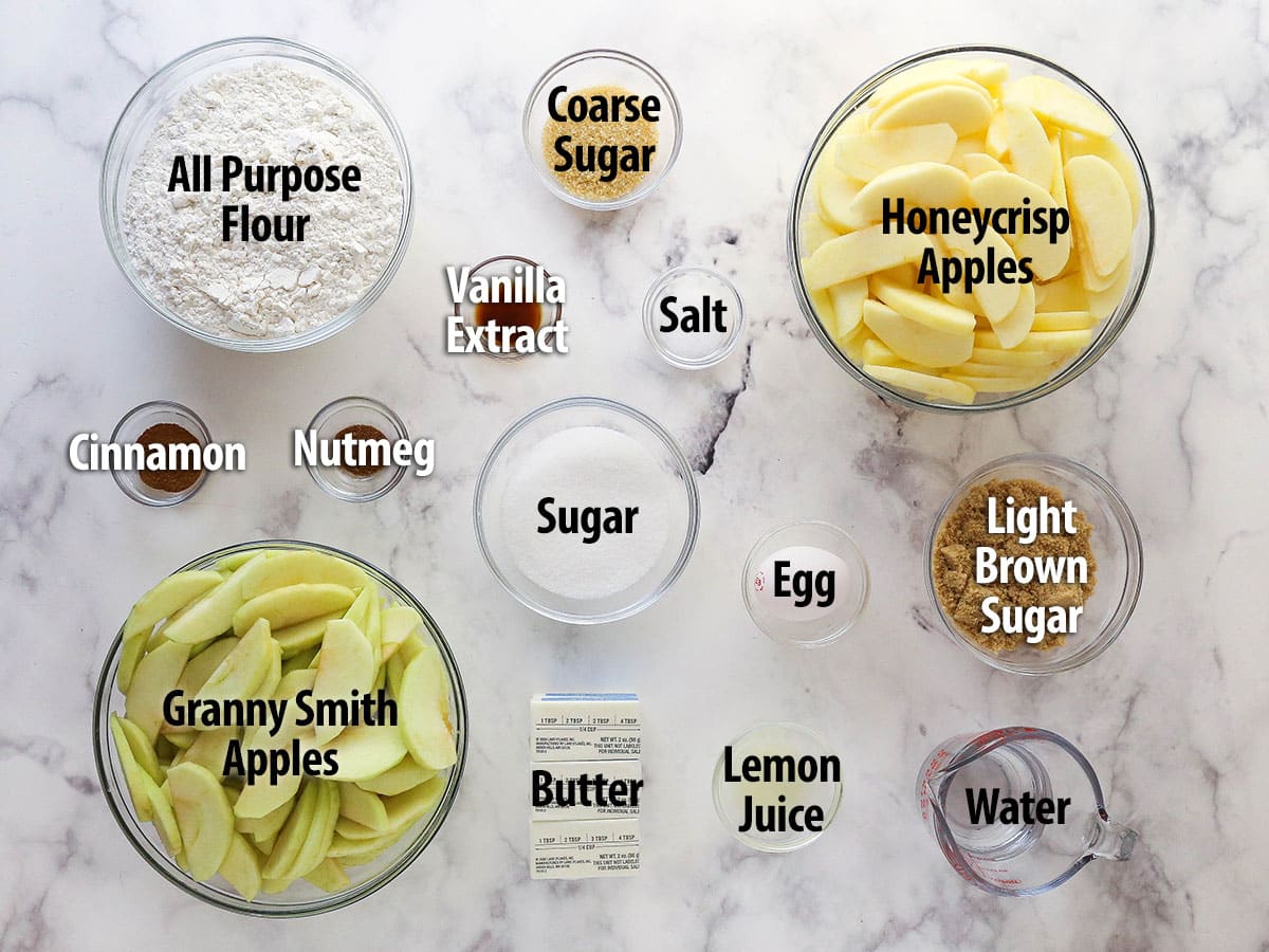 Labeled ingredients for apple slab pie recipe.
