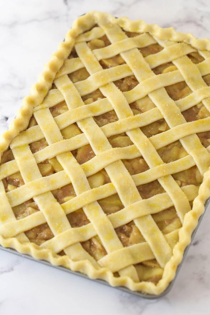 Apple slab pie ready to go in the oven.