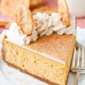 Close up of a slice of snickerdoodle dulce de leche cheesecake.