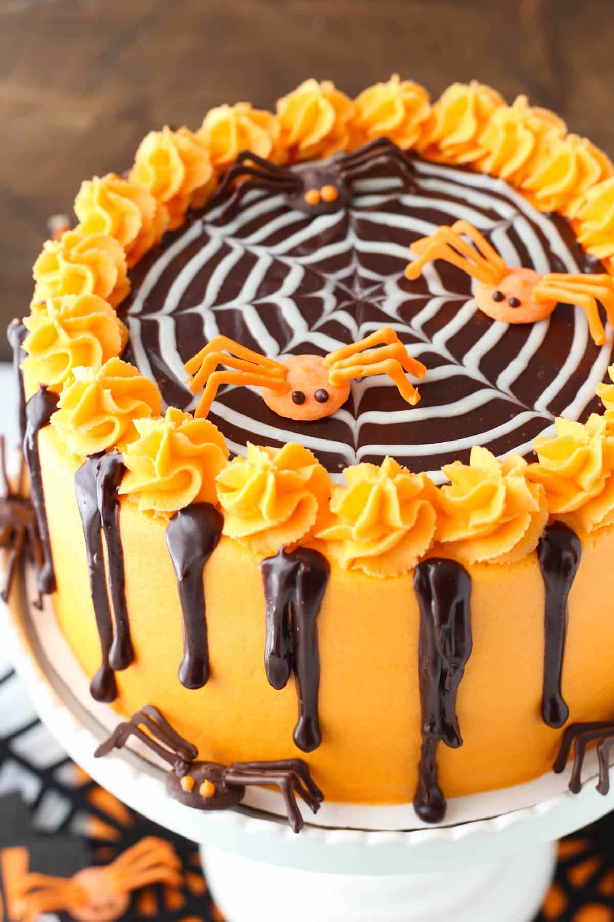 Close up of the top of a spiderweb chocolate cake.