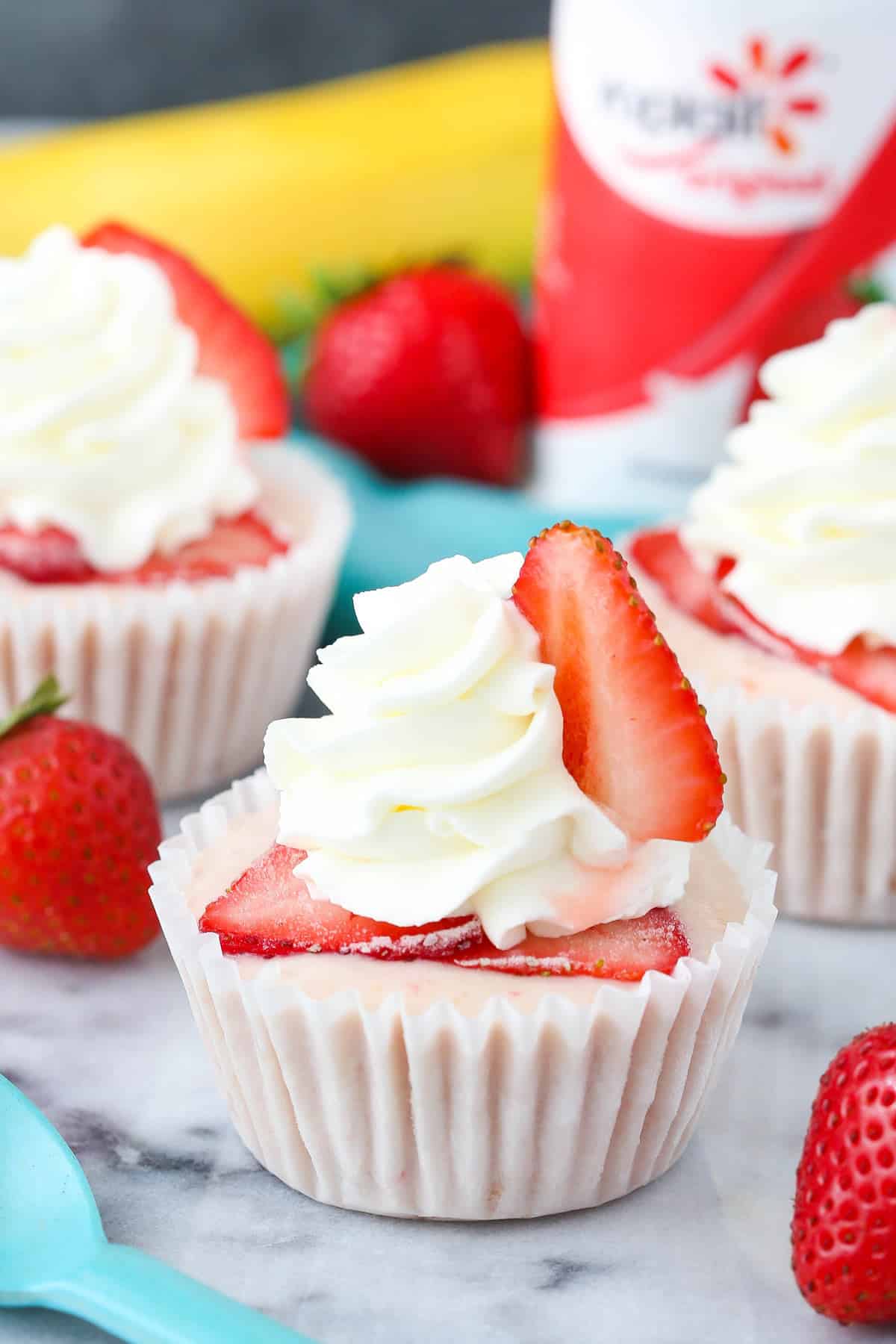 Close up of a strawberry banana frozen yogurt cupcake.