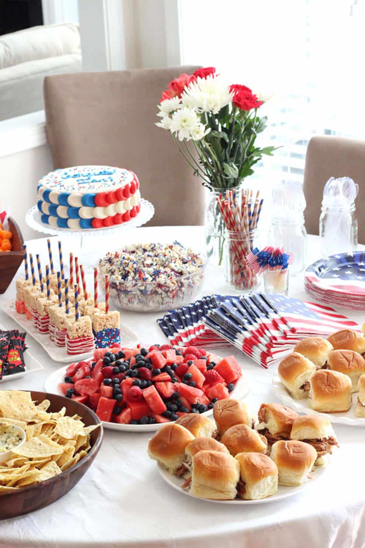 A table covered with patriotic party foods.