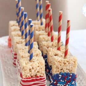 A tray of American flag rice krispie treats.