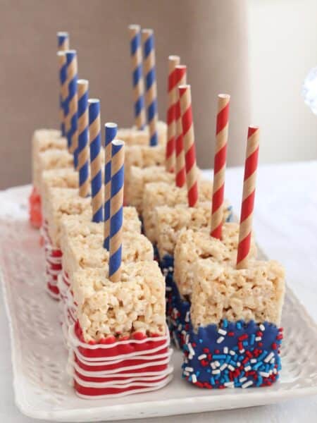 A tray of American flag rice krispie treats.