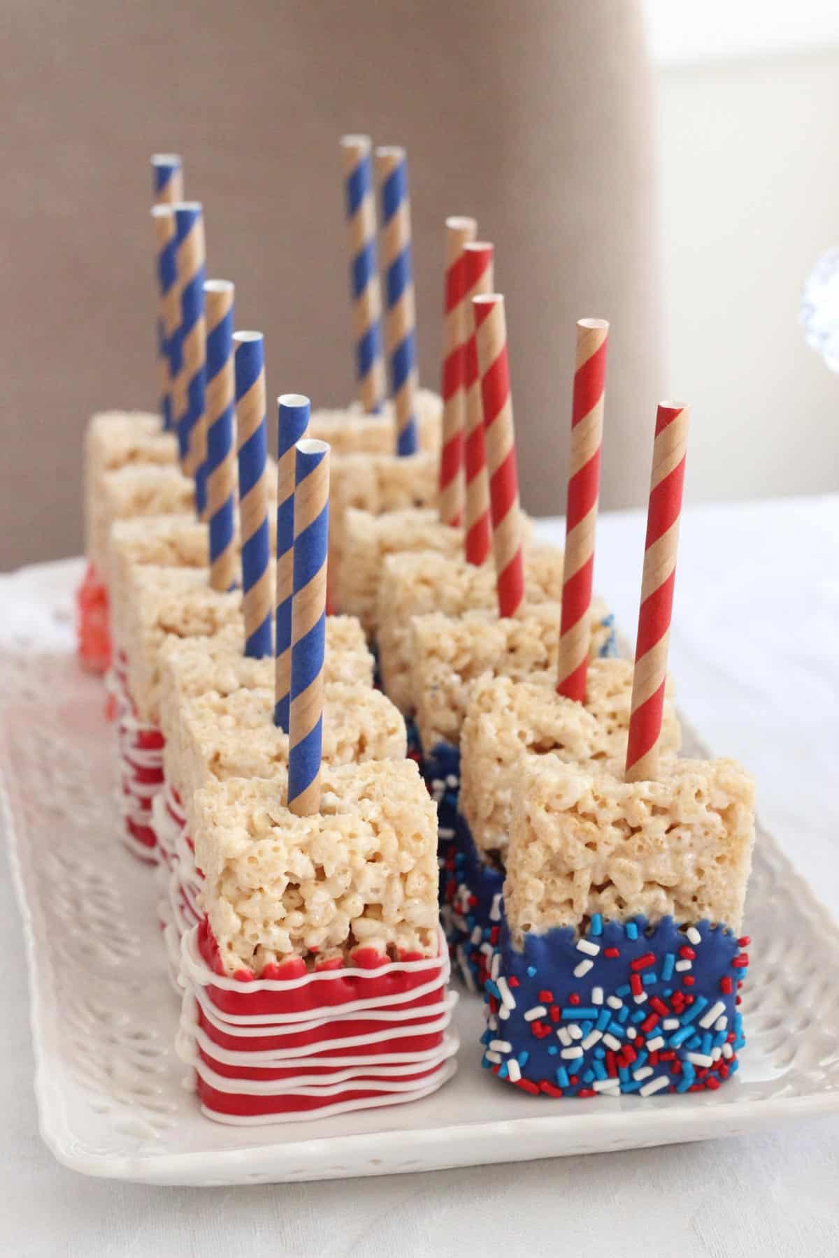 A tray of American flag rice krispie treats.