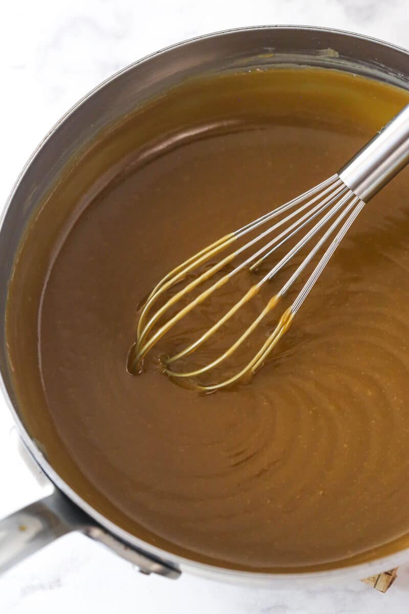 Thickening the filling for butterscotch pie.