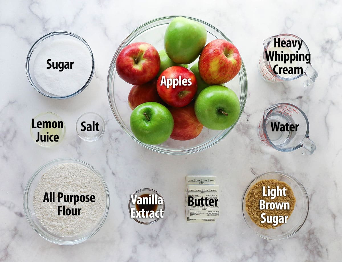 This caramel apple pie recipe takes a classic dessert to the next level with a gooey caramel sauce folded into the filling. Labeled ingredients for caramel apple pie recipe.
