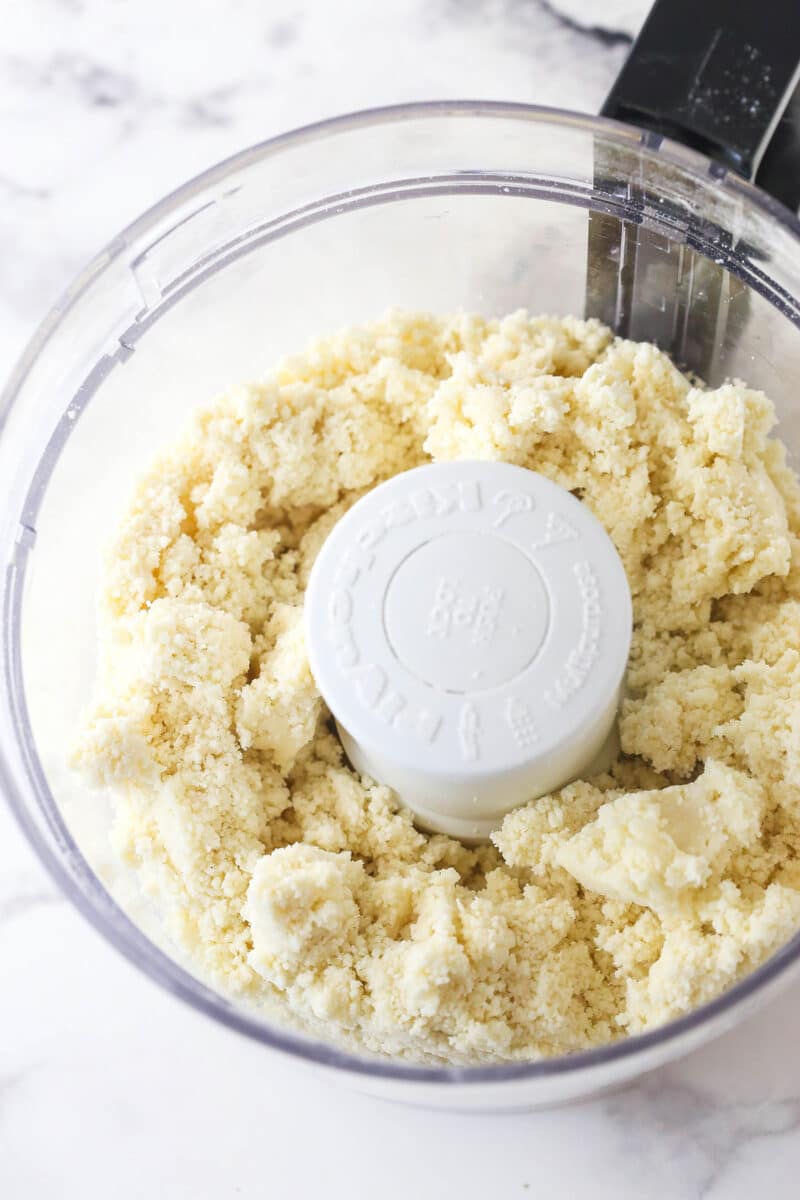 Pulsing together flour, salt, and butter in a food processor.