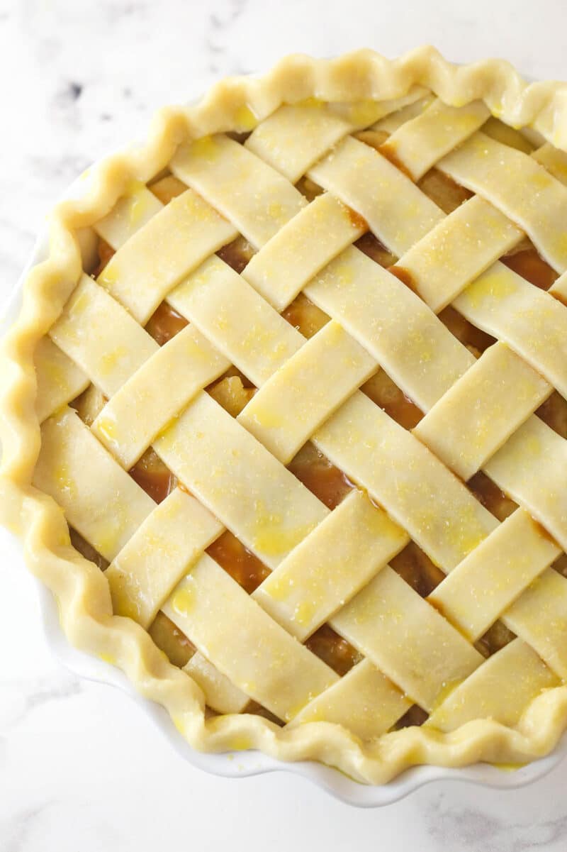 Caramel apple pie ready to go in the oven.