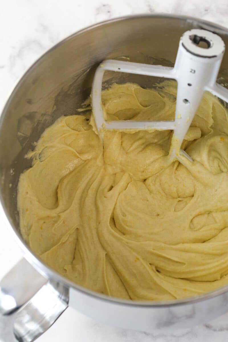 Mix in the dry ingredients and the milk in parts.