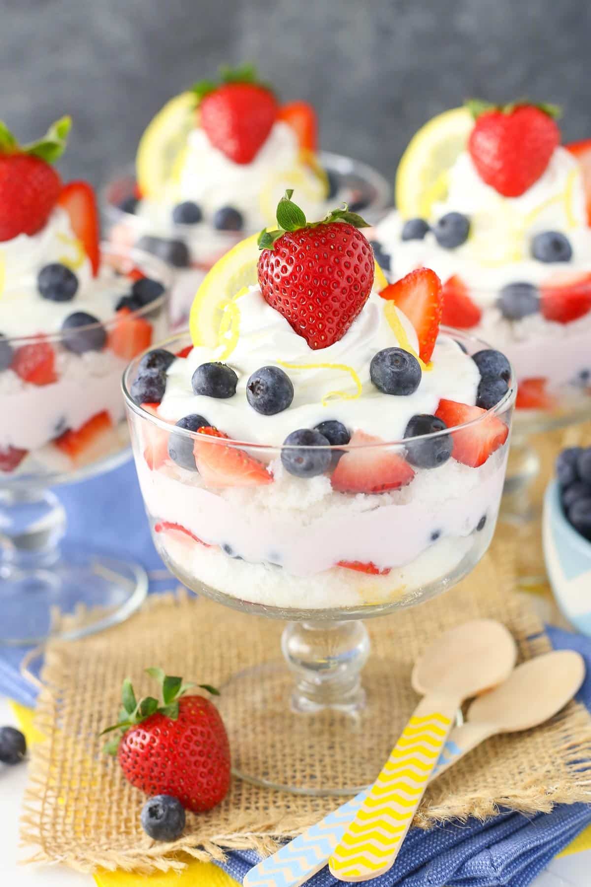 Side view of lemon berry yogurt trifles.