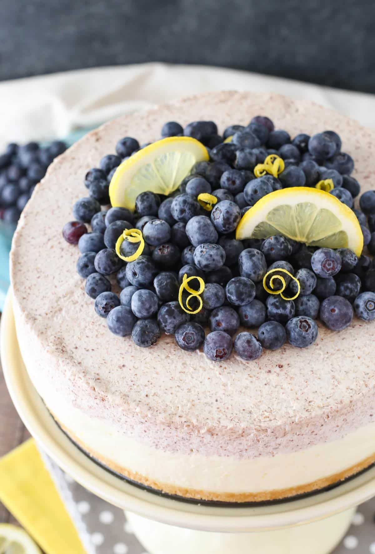 Top view of a lemon blueberry shortbread mousse cake.