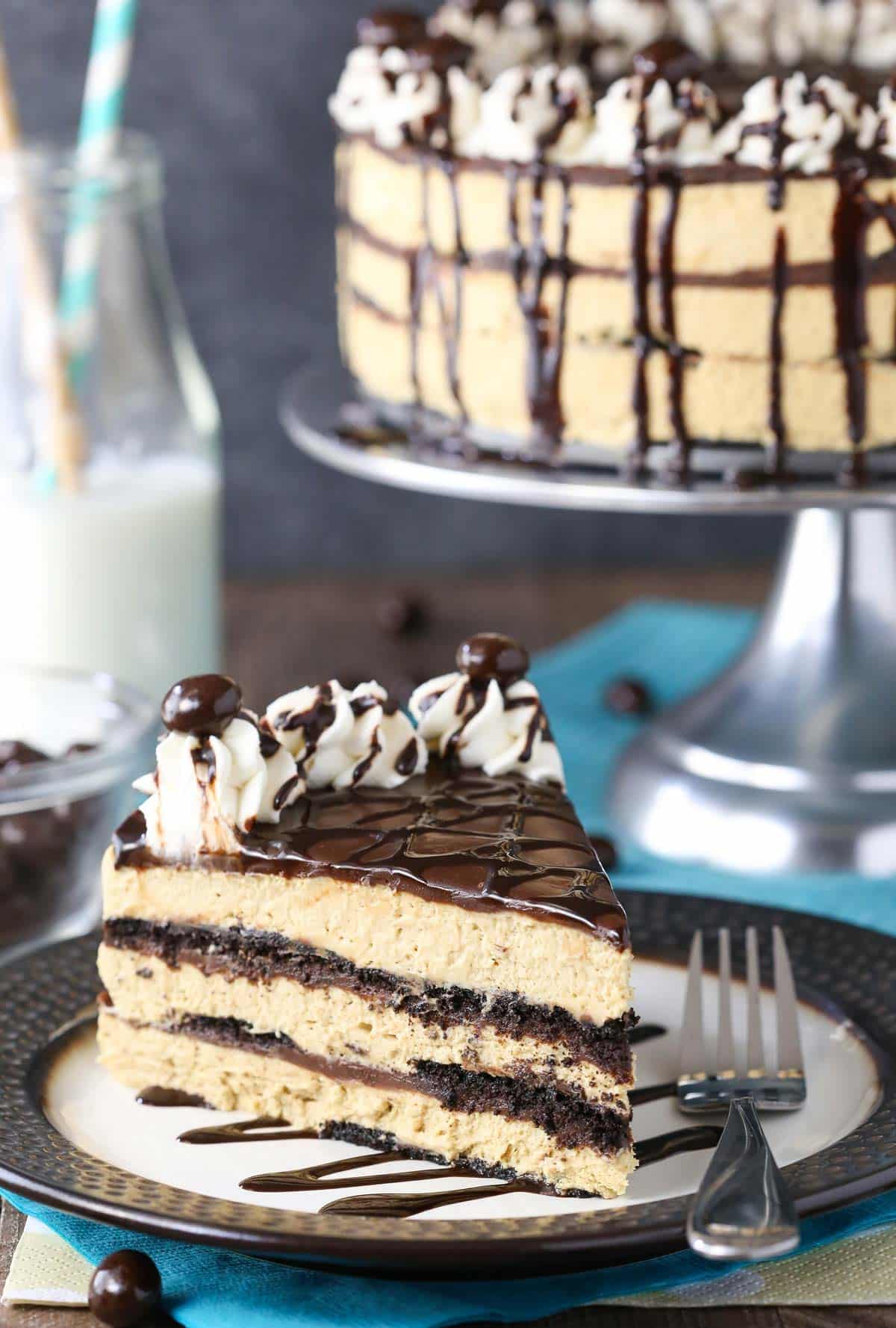 Close up of a mocha chocolate icebox cake on a black and white plate.