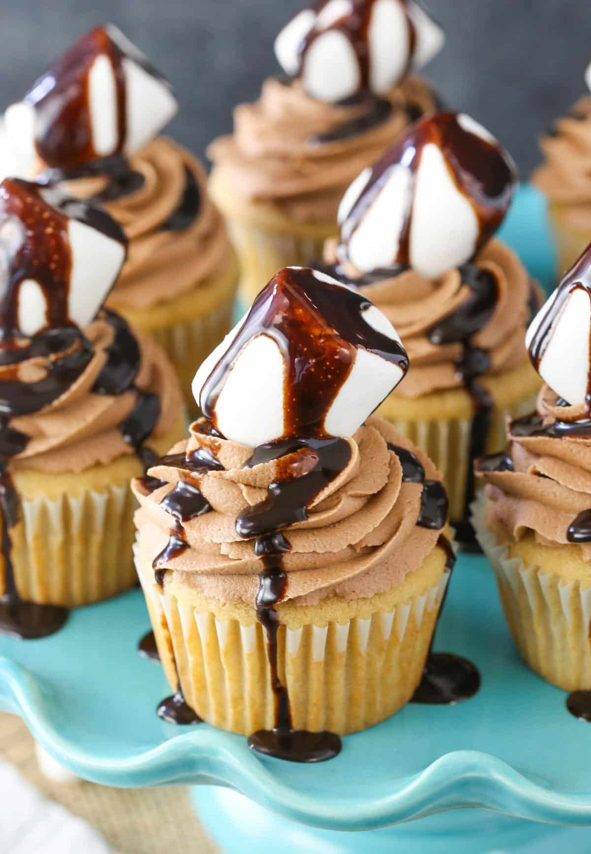 Close up of a blue cake stand covered with Nutella fluffernutter cupcakes.