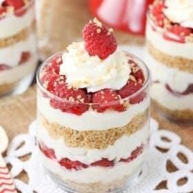Close up of a raspberry amaretto cheesecake trifle.