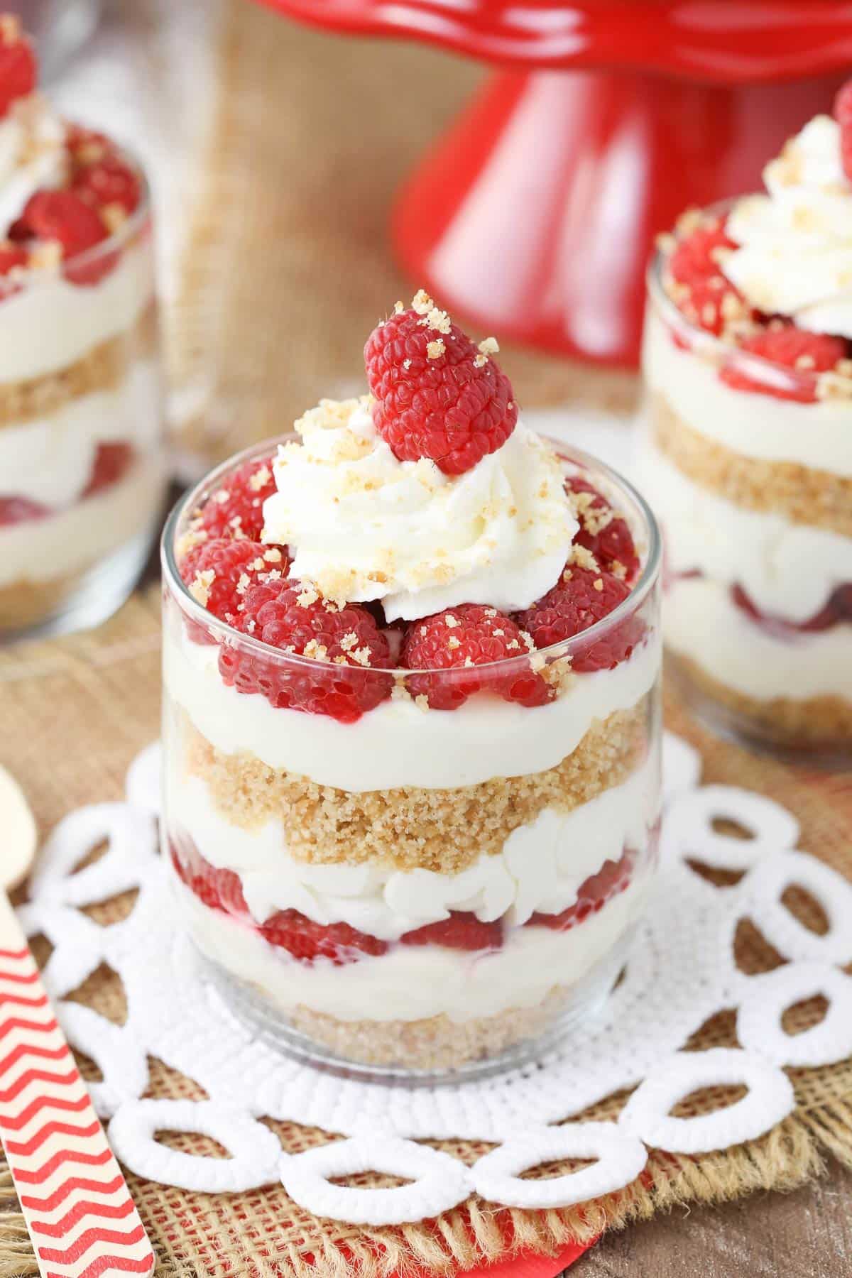 Close up of a raspberry amaretto cheesecake trifle.