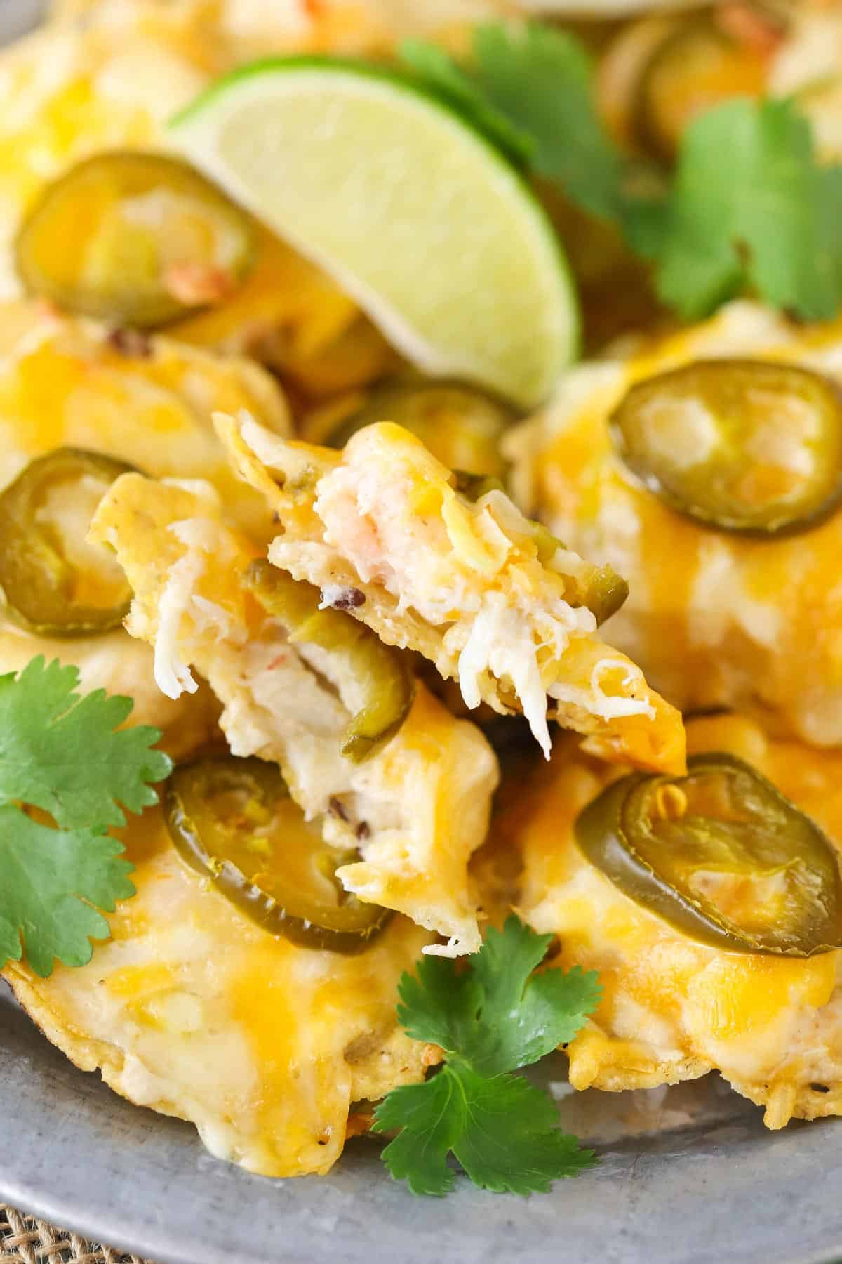 Close up of a plate of shrimp and crab nachos.