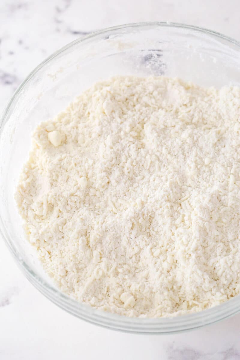 dry ingredients for pie crust combined with butter