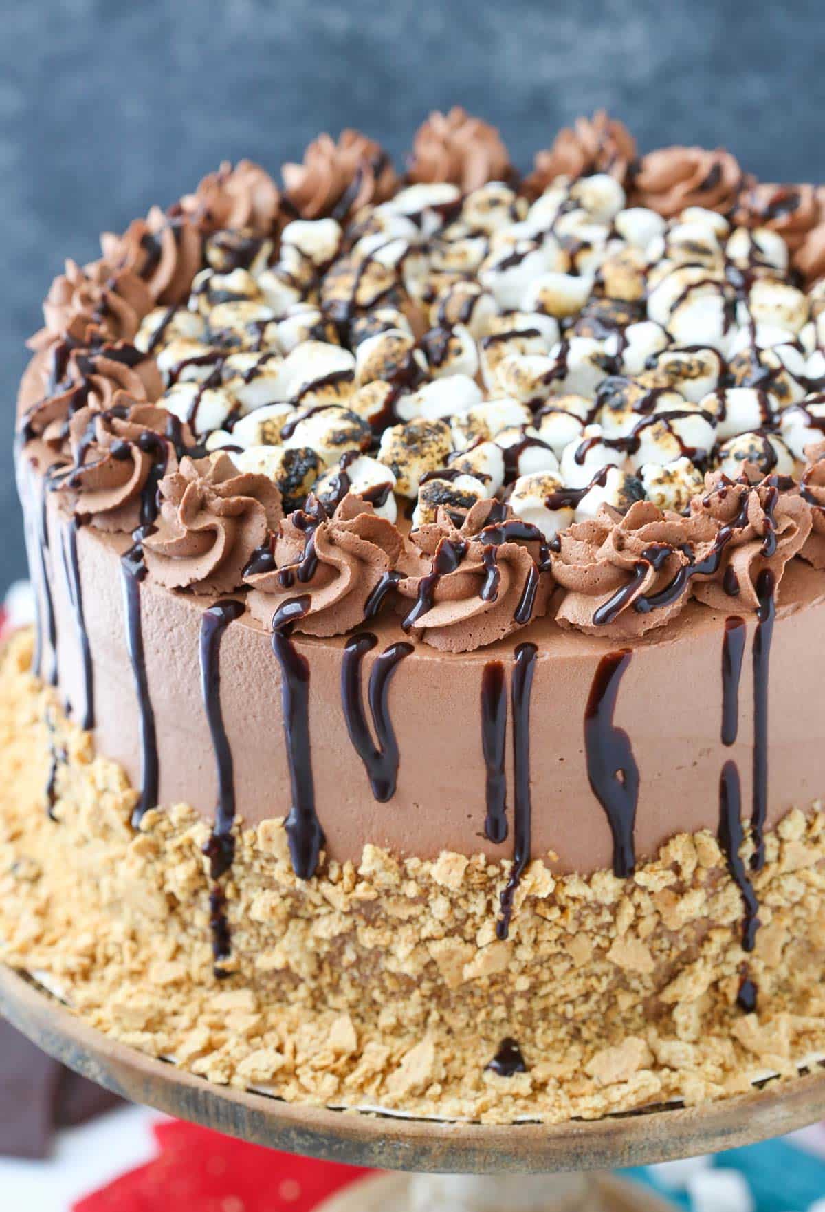 Close up of a s'mores ice cream cake on a wooden plate.