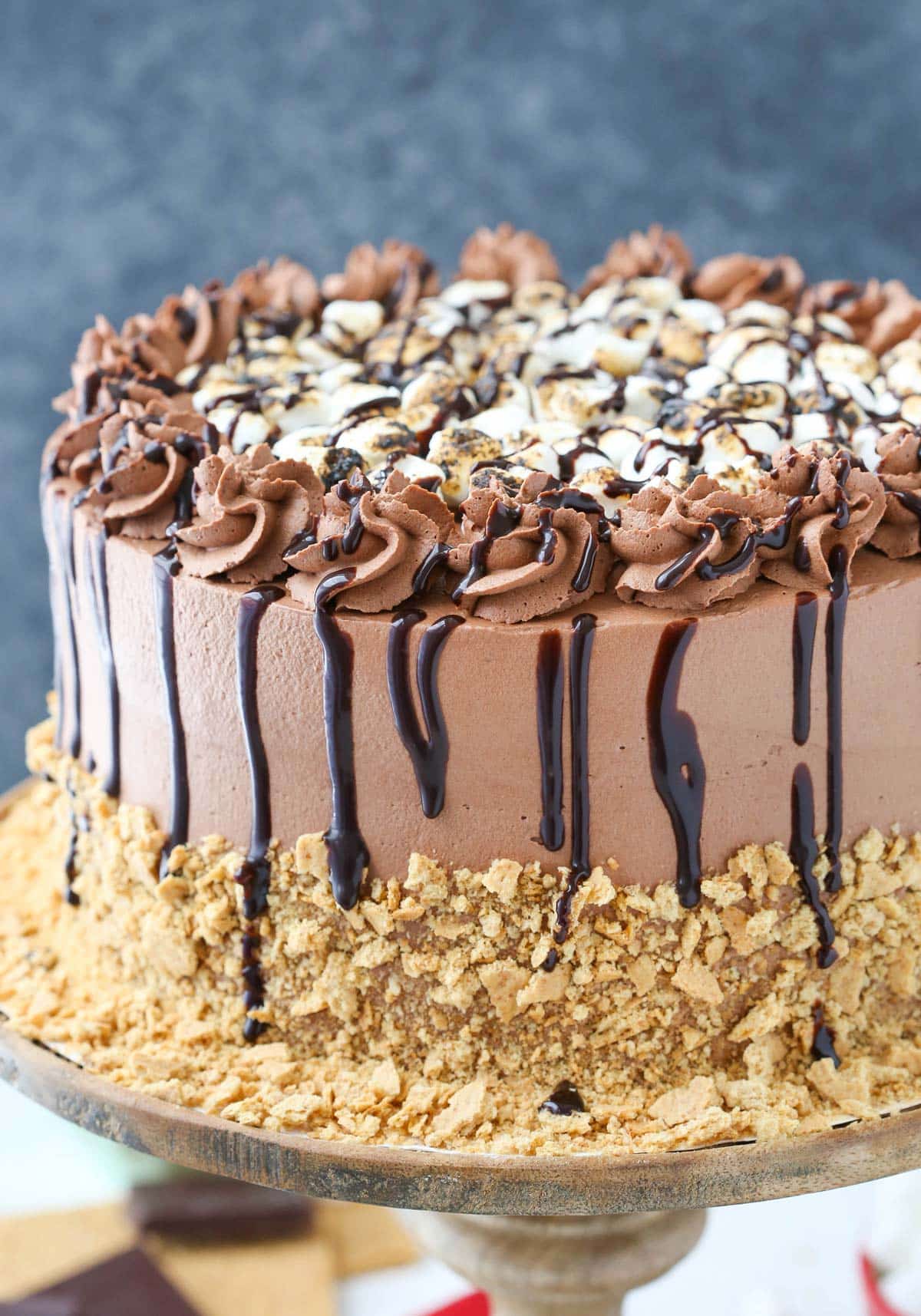 Close up of a s'mores ice cream cake on a wooden cake stand.