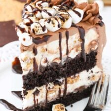 Close up of a slice of s'mores ice cream cake on a white plate.