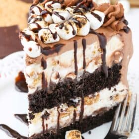 Close up of a slice of s'mores ice cream cake on a white plate.