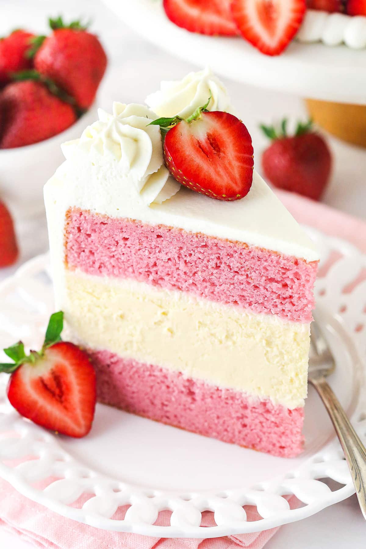 Strawberries and Cream Cheesecake Cake - With Fresh Strawberry Puree!