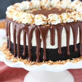 A toasted coconut chocolate ice cream cake on a white cake stand.